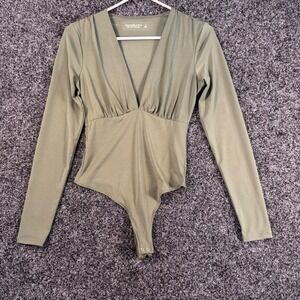 Abercrombie Fitch Collection Long Sleeve Deep V Neck Bodysuit Olive Green Size S